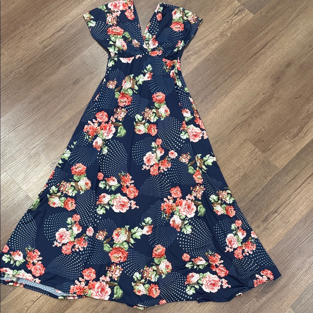 24/7 Comfort Apparel Navy Floral Maxi Dress
